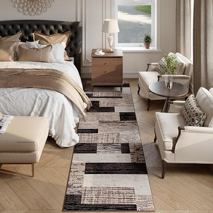 FlyDOIT Modern Geometric Patchwork Runner Rug, 2.7x10 Chocolate Runners for Hallways Non Slip, Washable Indoor Bedside Rugs for Bedroom, Floor Throw Carpet Runner for Entryway kitchen Bathroom Laundry