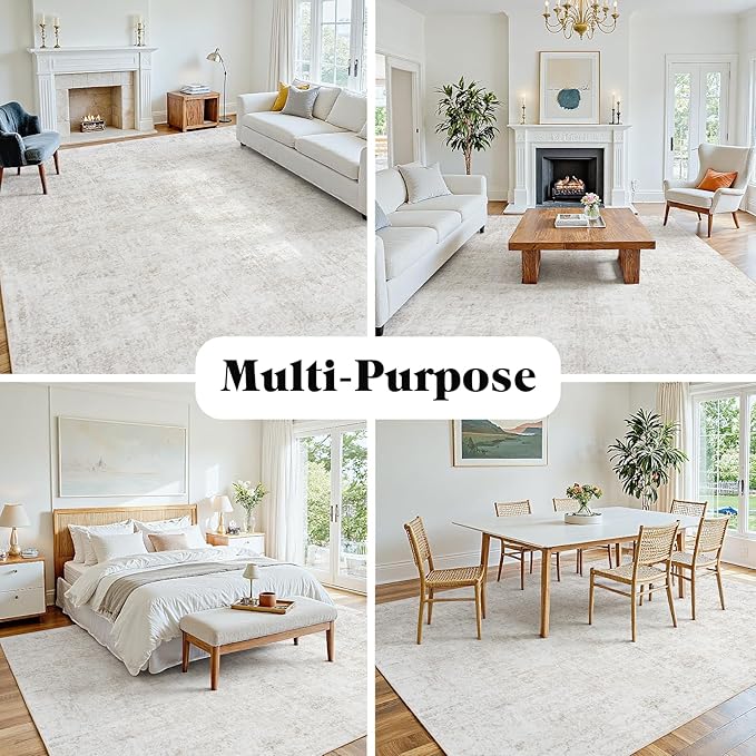 Area Rug 6x9 Living Room Rug Washable: No-Slip Abstract Soft Thin Large Light Brown Off-White Rugs, Indoor Floor Stain Resistant Modern Carpet for Bedroom Dining Room Farmhouse Nursery Home Office