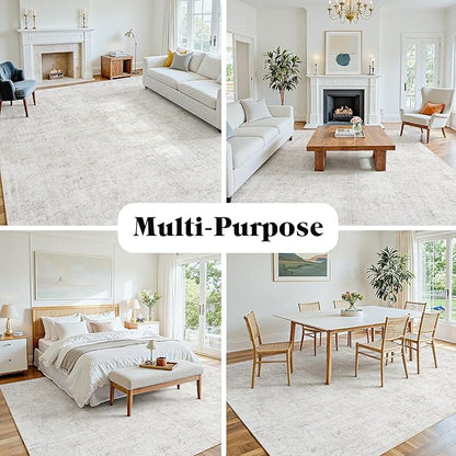 Area Rug 9x12 Living Room Rug Washable: No-Slip Abstract Soft Thin Large Light Brown Off-White Rugs, Indoor Floor Stain Resistant Modern Carpet for Bedroom Dining Room Farmhouse Nursery Home Office