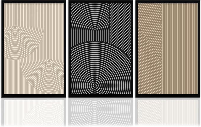FWAHREN Framed Modern Abstract Minimalist Neutral Canvas Wall Art, Geometric Textured Line Mid Century Prints Artwork, Contemporary Japandi Wall Decor, Living Room Bedroom Office, Set of 3, 16x24in