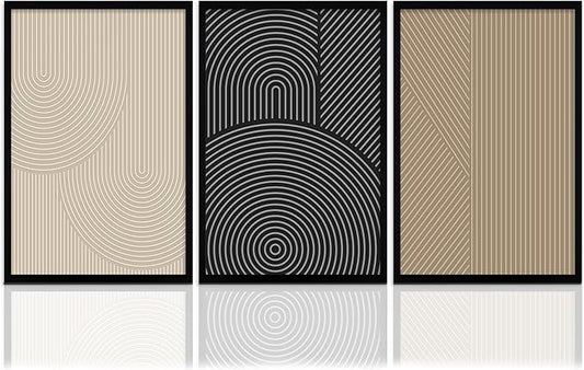 FWAHREN Framed Modern Abstract Minimalist Neutral Canvas Wall Art, Geometric Textured Line Mid Century Prints Artwork, Contemporary Japandi Wall Decor, Living Room Bedroom Office, Set of 3, 16x24in