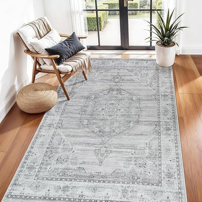 Washable Area Rugs 3x5 Entryway: Soft Ultra Thin Low Pile Mat Machine Washable Indoor Doormat Lightweight Entry Rug Anti Slip Backing Rugs for Living Room Bedroom Kitchen 3'x 5' Grey