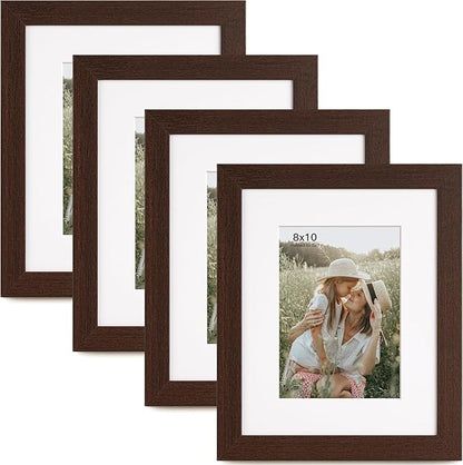 Momentworth 8x10 Picture Frame with Mat for 5x7 Set of 4, Walnut Wood Grain 8 x 10 Dark Brown Gallery Wall Picture Frames for Tabletop or Wall Mounting(4 Pack, Walnut)