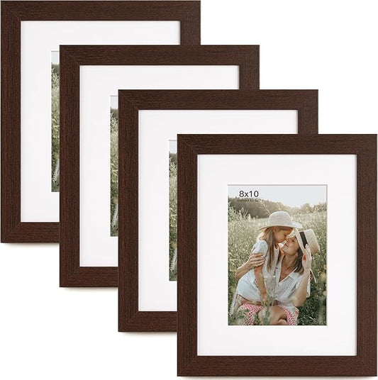 Momentworth 8x10 Picture Frame with Mat for 5x7 Set of 4, Walnut Wood Grain 8 x 10 Dark Brown Gallery Wall Picture Frames for Tabletop or Wall Mounting(4 Pack, Walnut)