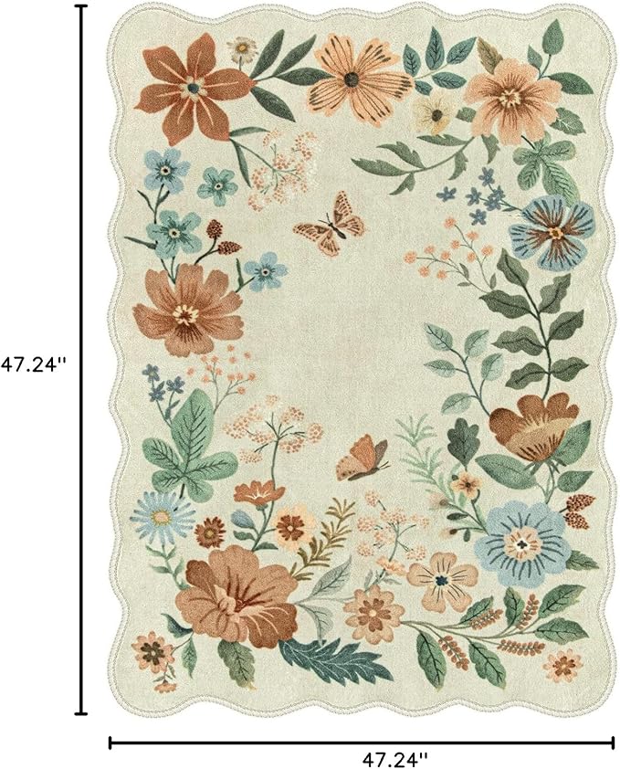 Lahome Floral Living Room Rug, 5x7 Rugs for Bedroom Ultra-Thin Soft Washable Dining Room Rug, Non Slip Stain Resistant Boho Low-Pile Throw Carpet for ‎Office Flore (5x7ft,Beige)