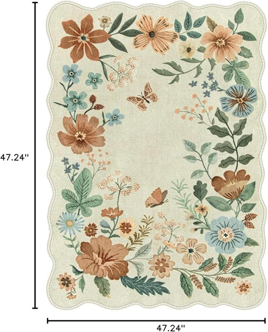Lahome Floral Living Room Rug, 5x7 Rugs for Bedroom Ultra-Thin Soft Washable Dining Room Rug, Non Slip Stain Resistant Boho Low-Pile Throw Carpet for ‎Office Flore (5x7ft,Beige)