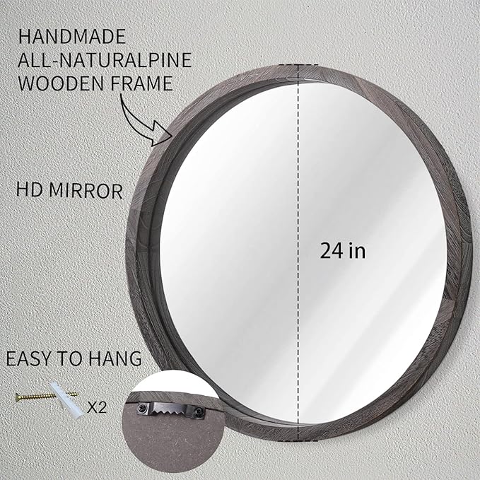 JJUUYOU Large Circle Wall Mirror 24 Inch Round Wall Mirror for Bathroom, Gray Rustic Circular Mirror Washroom Wall Vintage Wood Frame Mirror for Living Room, Bedroom, Dorm Decorative