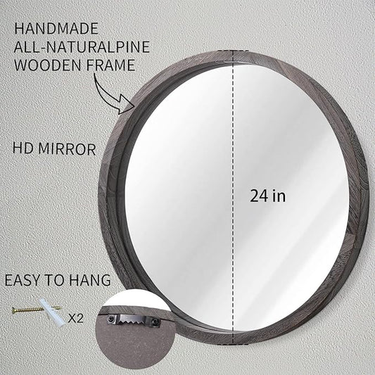 JJUUYOU Large Circle Wall Mirror 24 Inch Round Wall Mirror for Bathroom, Gray Rustic Circular Mirror Washroom Wall Vintage Wood Frame Mirror for Living Room, Bedroom, Dorm Decorative