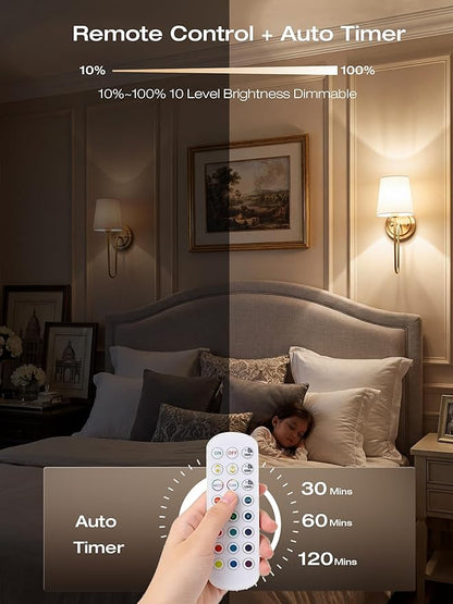 CLOUDY BAY 10000mAh Battery Operated Wall Sconces,Up to 100 Hours with Rechargeable RGB Dimmable Magnetic Bulb,Cordless Wall Lighting Fixtures with Remote for Bedroom,Soft Gold,2 Pack-15.4in