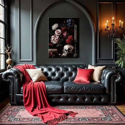 Gothic Canvas Wall Art Set of 3, Red Rose Skull Wall Decor Paintings, Dark Romantic Crow Goth Halloween Aesthetic Posters Prints for Bathroom, Living Room, Gallery, Home Decor 16x24Inch Framed