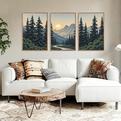 HLNIUC Boho Mountain Sun Forest Framed Canvas Wall Art,Large Nature Sunrise Wall Decor,Yosemite Scene Pine Tree Artwork Set of 3 (24x36),Watercolor Landscape Prints for Living Room,Bedroom,Office