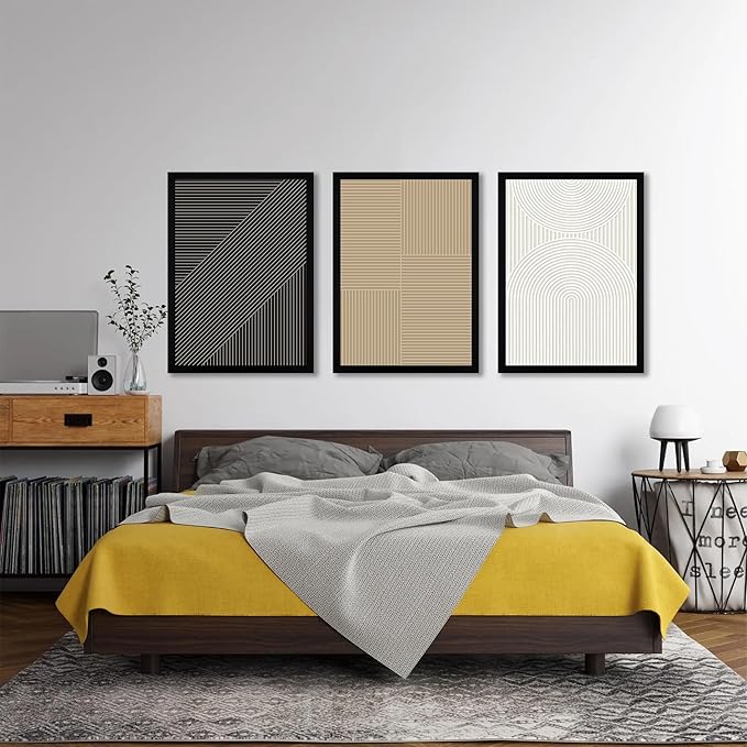 FWAHREN Framed Modern Abstract Minimalist Neutral Canvas Wall Art Set of 3, Geometric Textured Line Mid Century Prints Artwork, Contemporary Japandi Wall Decor, Living Room Bedroom Office, 16x24in