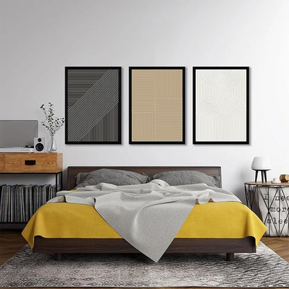 FWAHREN Framed Modern Abstract Minimalist Neutral Canvas Wall Art Set of 3, Geometric Textured Line Mid Century Prints Artwork, Contemporary Japandi Wall Decor, Living Room Bedroom Office, 16x24in