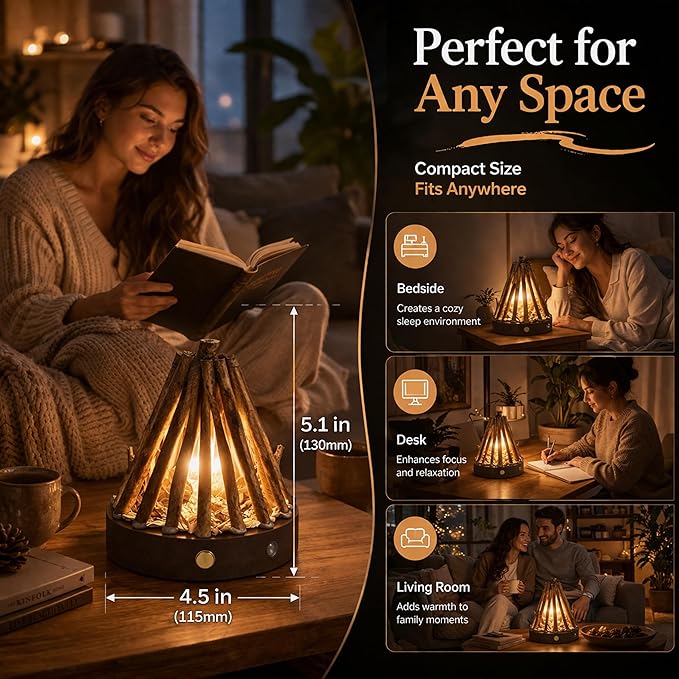 Rechargeable Campfire Night Light with Crackling Sound, Realistic Flame Lamp, 3 Modes, Timer, Portable Wireless Ambient Light for Bedroom Living Room (Natural Wood)