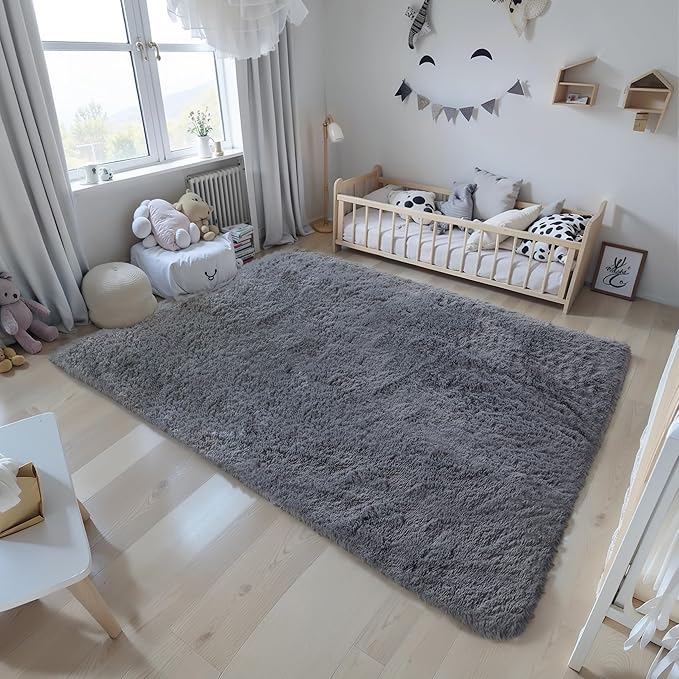 KICHOWUA Area Rug 5x7 Grey Fluffy Shag for Bedroom, Extra Soft Plush Fuzzy Washable Thickened Non-Slip Floor Carpet for Living Room, Cozy Furry Shaggy Rug for Kids Baby Boys Girls Nursery Dorm