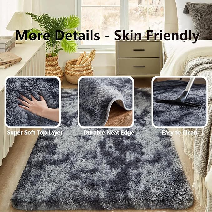 Floralux Shag Rug 5x7 for Living Room, Tie-Dyed Dark Grey, Soft Fluffy Area Rug, High-Pile Plush Indoor Carpets for Bedroom, Playroom, Nursery