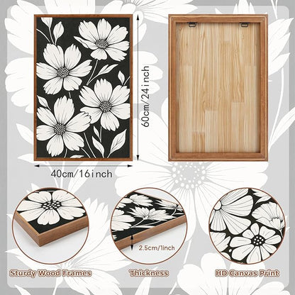 HLNIUC Vintage Floral Wall Art Canvas,Modern Black White Flower Artwork,Neutral Wildflower Wall Art Framed,Miinimalist Plant Painting,Retor Botanical Framed Decor for Living Room Bedroom Home-16x24x3