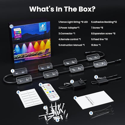 Outdoor Fence Lights, 8 Packs Smart Outdoor Deck Lights RGBCW+IC, with App/Remote Control, Color Changing Lights for Fence, IP67 Waterproof for Backyard Railing Decor (50FT)