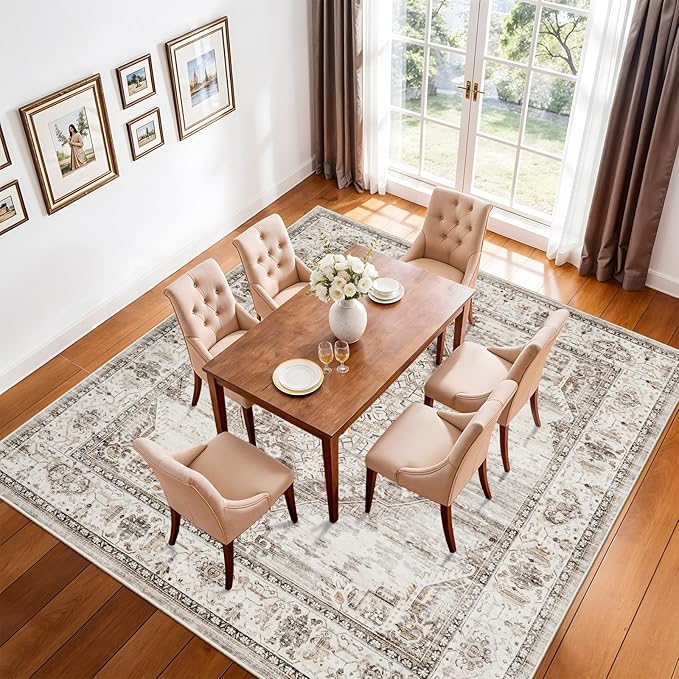 10x10 Square Area Rug: 10ft Square Washable Living Room Rugs Ultra Thin Soft Oriental Non-Slip Backing Farmhouse Rug Low Pile Thin Stain Resistant Indoor Carpets, 10' x 10' Beige