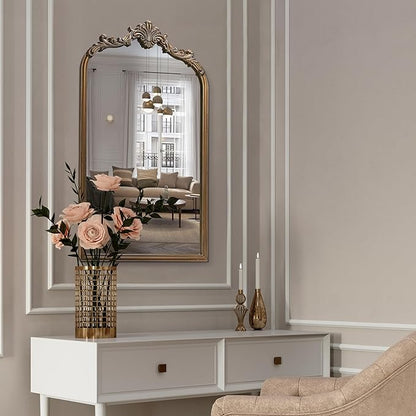 Wylde Iris English Estate Carved Arch Wood Wall Mirror, Mirror for Entryway, Living Room, Bathroom, Antique Gold, 20.4x33