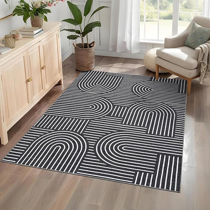 ROYHOME Washable Rug 4x6 Area Rugs for Living Room, Abstract Rug for Bedroom, Soft Rainbow Non Slip Throw Rugs with Rubber Back, Low Pile Stain Resistant Boho Geometric Carpet for Dining Room, Black