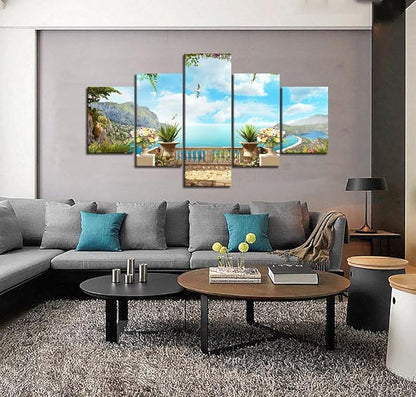 Beautiful Modern Landscape Balcony Overlooking the Harbour Pictures Painting on Canvas 5 Panels Combination Extra Large for Wall Art Living Room Home Decor Framed Stretched (60" W x 40" H)