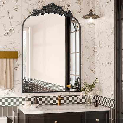 Koonmi Vintage Mirror, 26x38 Retro Wall Mounted Vanity Mirror, Tempered Glass, Detachable Flower Head, Black Antique Decorative Arched Mirrors for Bathroom Entryway Fireplace Hallway