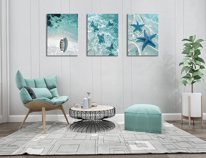 Ocean Wall Art Beach Canvas Print Starfish Shell on Teal Board Paintings Coastal Seascape Picture Blue Butterfly Artwork for Home Kitchen Bathroom Living Room Wall Decor Ready to Hang 16"x24"x3pcs
