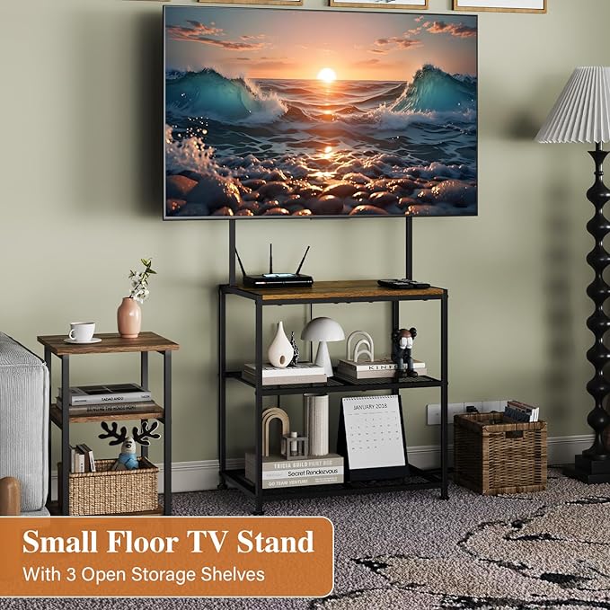 23 Inch to 50 Inch Floor Small Corner TV Stand with Storage Shelves for Living Room Bedroom, Universal Floor Television Stands with Mount, Rustic Brown Corner TV Table Desk Shelf for Small Space