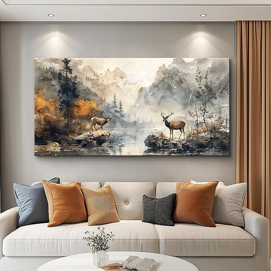 KELIYUAN Framed Canvas Wall Art Decor Living Room Large Wall Decorations For Office Mountain Landscape Ink Painting Abstract Pictures Bedroom Wall Decor Artwork Room Mural Home Decor 24x48 In