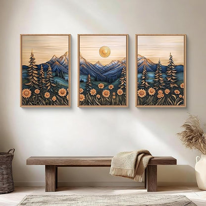 Aryroi Vintage Woodcut Style Mountain Framed Canvas Wall Art Set, Natural Forest Pine Tree Sunflower Wall Decor,Abstract Sunrise Botanical Landscape Artwork for Living Room,Bedroom,Office-24 x36 x3