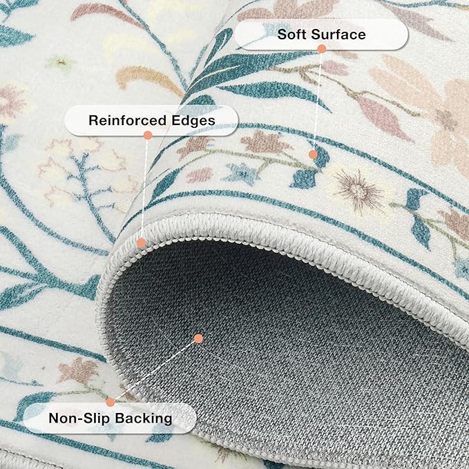 Runner Rug Washable Runners Kitchen Rugs Non Slip Neutral Floral Carpet Low Pile for Indoor Hallways Entryway Living Room Bedroom Laundry Soft Mat 2'6''x8' Cream Gray