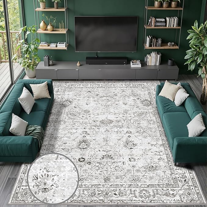 Grey White Area Rugs 10x14 for Living Room, Non Slip Machine Washable Floral Rugs, Low Pile Lightweight Large Rug for Bedroom, Dining Room, Home Office