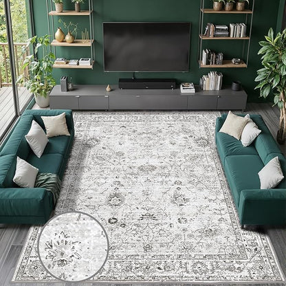 Grey White Area Rugs 10x14 for Living Room, Non Slip Machine Washable Floral Rugs, Low Pile Lightweight Large Rug for Bedroom, Dining Room, Home Office
