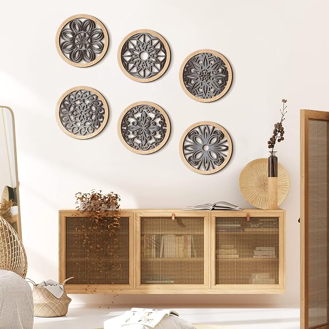 Ferraycle 6 Pieces Thicken Rustic Wall Decor Farmhouse Wall Art Wooden Round Art Hanging Decoration Hollow Carved for Living Room Bedroom Kitchen Office Apartment Hallway(Wood Color)