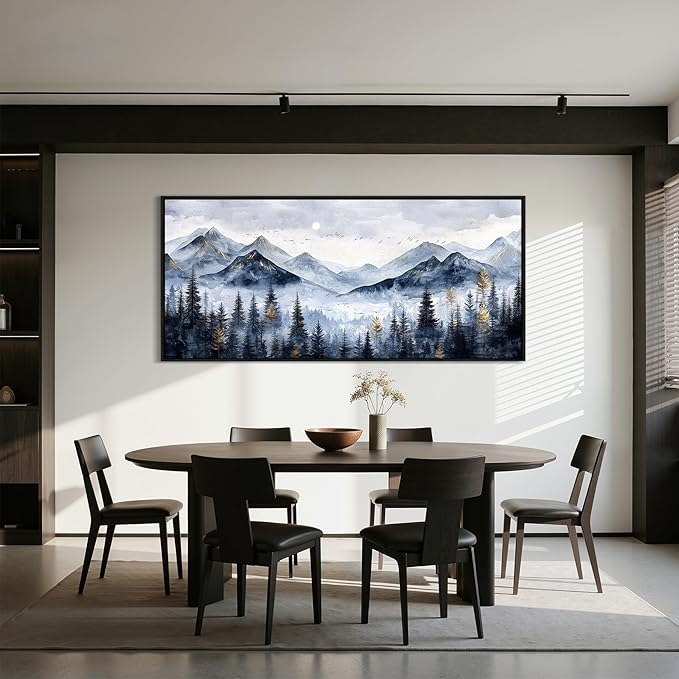 SERIMINO Extra Large Framed Mountain Forest Wall Art, 32"x71", Misty Pine Tree Watercolor in Blue Gold, Nature Scenery Canvas Wall Decor for Living Room, Bedroom, Office Decor