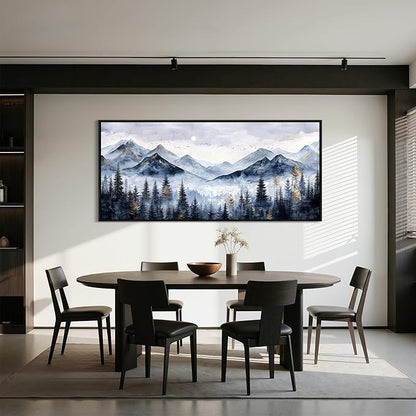 SERIMINO Extra Large Framed Mountain Forest Wall Art, 32"x71", Misty Pine Tree Watercolor in Blue Gold, Nature Scenery Canvas Wall Decor for Living Room, Bedroom, Office Decor