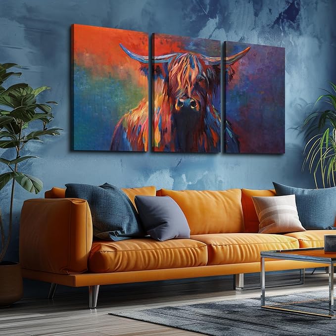 Cow Canvas Wall Art Abstract Highland Cow Painting 3 Panels Texas Longhorn Posters and Prints for Living Room Home Office Bar Toilet Bedroom Guest Room Decoration, Framed 12W'' x 16H'' x 3pcs