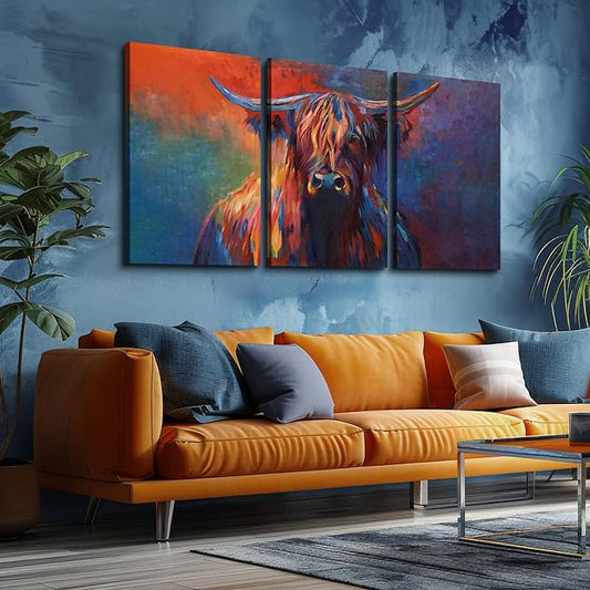 Cow Canvas Wall Art Abstract Highland Cow Painting 3 Panels Texas Longhorn Posters and Prints for Living Room Home Office Bar Toilet Bedroom Guest Room Decoration, Framed 72" L x 36" W