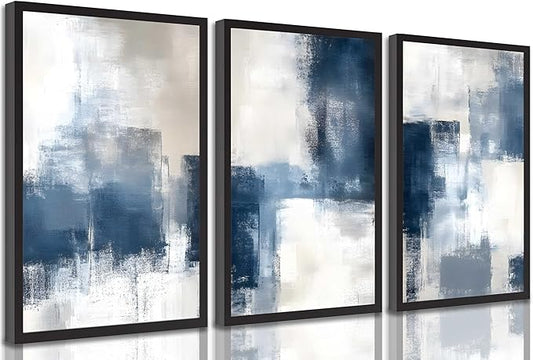 Devatz 3 Pcs Navy Blue Abstract Poster Wall Art Modern Minimalist Neutral Blue and Grey Paintings Pictures Wall Decor Print Artwork for Living Room Bedroom Office Home Decoration Unframed