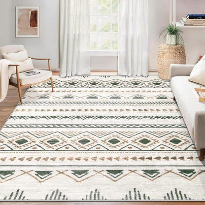 Area Rug for Living Room 10x14: Large Washable Boho Moroccan Rugs Geometric Neutral Rug, Non-Slip Foldable Morden Farmhouse Indoor Floor Carpet for Bedroom Dining Room Home Office（Brown Green,10'x14'）