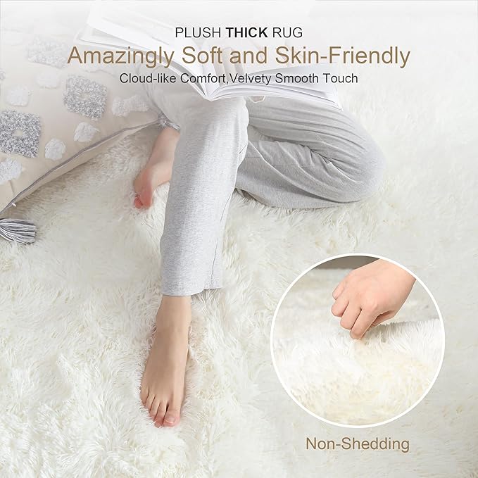 KICHOWUA Thick Area Rug Cream White Fluffy Shag 3x5 for Girls Bedroom, Soft Plush Fuzzy Shagggy Carpet for Living Room, Thickened Washable Non-Slip Furry Rug for Kids Toddler Boys Dorm Nursery, Ivory