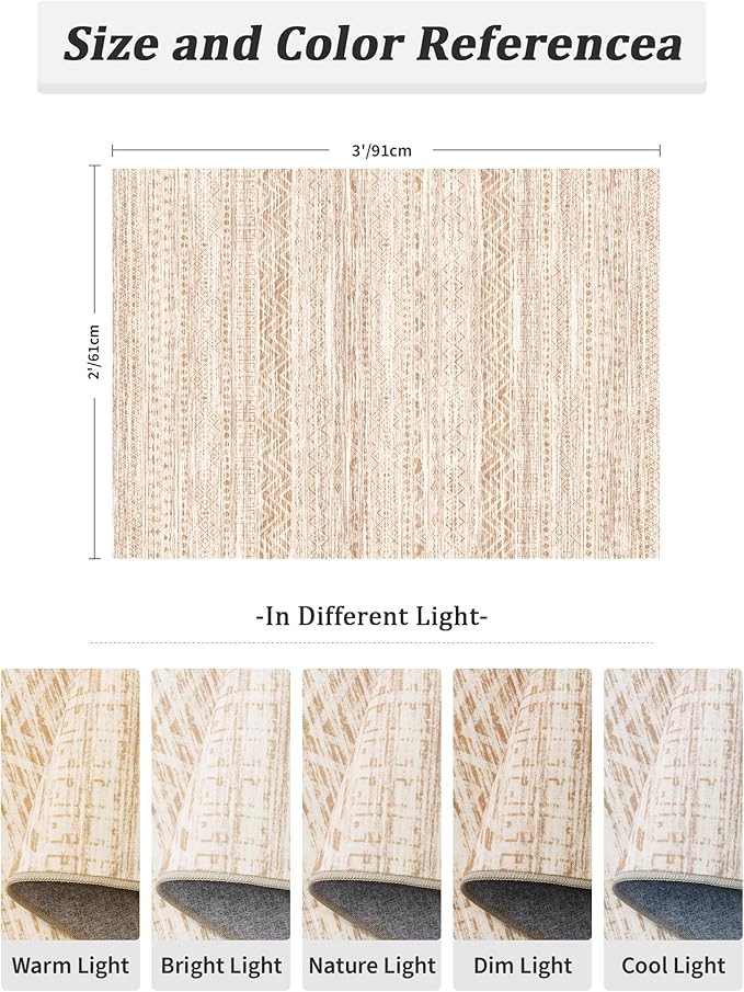 Miukiki 2x3 Entryway Rug Moroccan Washable Non Slip Indoor Floor Carpet Foldable Thin Rug for Dining Room Bedroom with Low Pile(Beige,2'x3')
