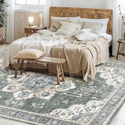 Area Rug for Living Room - 9x12 Soft Washable Oriental Vintage Floral Distressed Large Carpet - Fade Stain Resistant Non Slip Rugs for Bedroom Dining Room Nursery Dorm Office Home Decor - Green