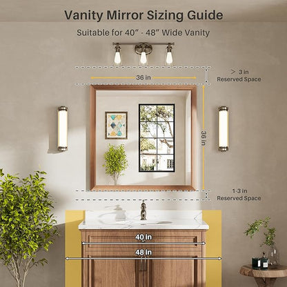 36x36 Inch Bathroom Mirror for Wall, Anti-Rust Walnut Wood Grain Metal Framed Bathroom Mirrors for Over Sink,Rectangler Mirrors for Bathroom Vanity, Farmhouse, Bedroom, Living Room, Entryway Decor