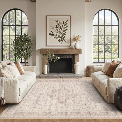 Rugxara Washable Area Rug for Living Room & Bedroom, Soft Pink Rugs for Girls Women, Non Slip, Durable Low Pile Carpet, Vintage Carpets for Office, Dining Room, Kids Room and Farmhouse(4x6ft)