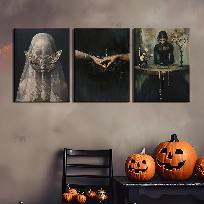 Dark Academia Wall Art, Moody Gothic Victorian Canvas Wall Decor Painting, Vintage Creepy Aesthetic Artwork Poster Prints Pictures for Living Room Bedroom 12x16 Inch Framed