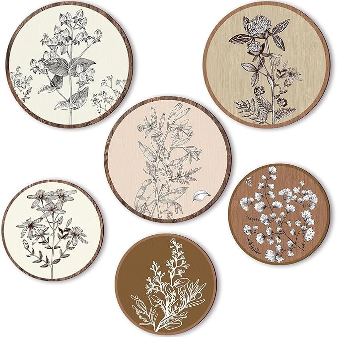 MuSeek 6 Pieces Earthy Boho Botanical Wood Wall Art, Round Neutral Room Decor for Bedroom Living Room, Rustic Plant Printed Wooden Hanging Wall Sculptures (7.8" & 9.8") ﻿