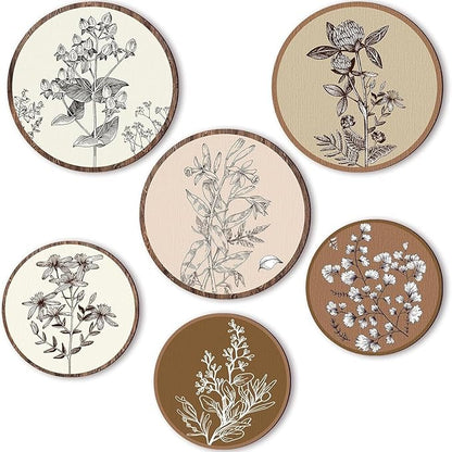 MuSeek 6 Pieces Earthy Boho Botanical Wood Wall Art, Round Neutral Room Decor for Bedroom Living Room, Rustic Plant Printed Wooden Hanging Wall Sculptures (7.8" & 9.8") ﻿