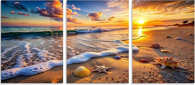 TutuBeer 3 Panels Beach Picture Beach Wall Art Blue Sea Sunset with Starfish Ocean Canvas Painting Sea Artwork for Walls Seascape the Pictures for Home Decor Wall Decor Ready to Hang 16x32inchx3